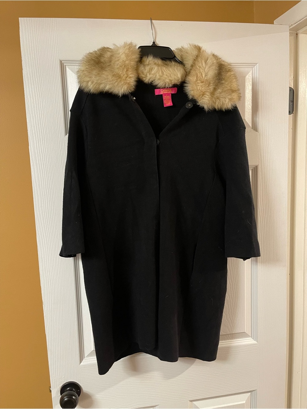 Catherines Black Trench Coat with Beige Faux Fur Collar